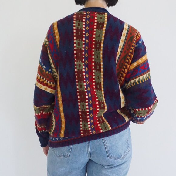 Vintage IVY Multi-Colour Pattern Knit Sweater Geometric Stripe Eclectic Coogie M - Picture 2 of 9